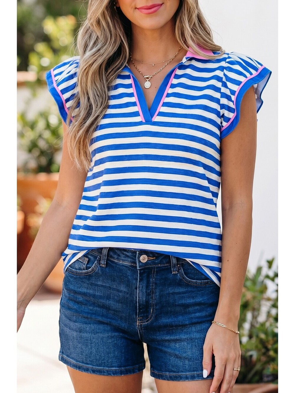 Women's Blue and White Striped Polo Shirt with Pink Collar Trim